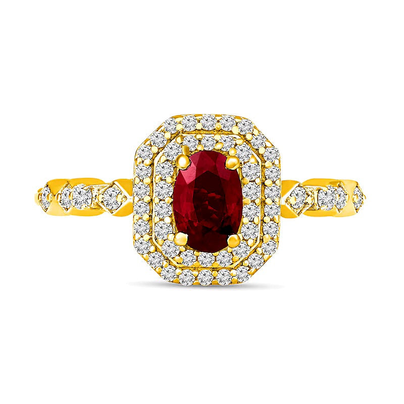 Ring mit ovalem Rubin und 0,33 ct. Gesamtgewicht Diamanten im Art-déco-Stil mit achteckigem Rahmen in 10K Gelbgold für Damen