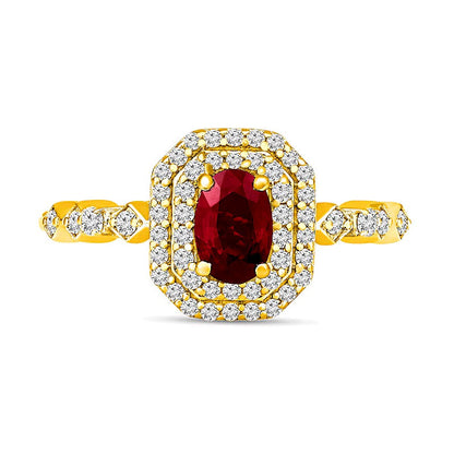 Ring mit ovalem Rubin und 0,33 ct. Gesamtgewicht Diamanten im Art-déco-Stil mit achteckigem Rahmen in 10K Gelbgold für Damen