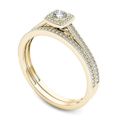 0,33 ct. Gesamtgewicht Diamant Braut-Set im Vintage-Stil mit Kissenschliff-Rahmen in 14K Gelbgold