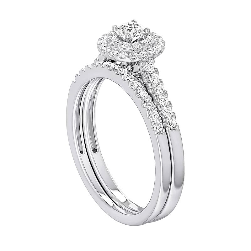 0,5 ct. Gesamtgewicht Diamant-Brautset mit doppeltem Halo in rhodiniertem Sterlingsilber