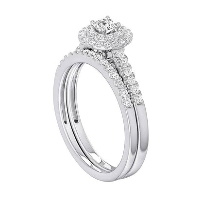 0,5 ct. Gesamtgewicht Diamant-Brautset mit doppeltem Halo in rhodiniertem Sterlingsilber