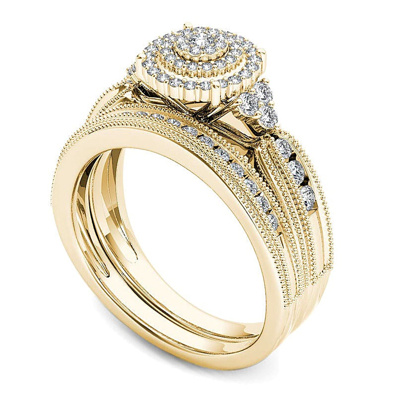 0.5 ct. Gesamtgewicht Diamant Brautset im Vintage-Stil mit dreifachem Rahmen in 10K Gelbgold