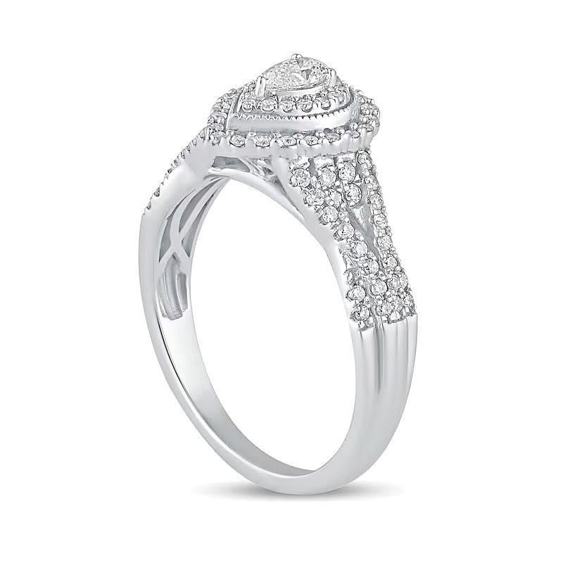 0,5 ct. Gesamtgewicht Halo-Verlobungsring mit tropfenförmigem Diamant im Vintage-Stil, mehrreihig, in 10K Weißgold