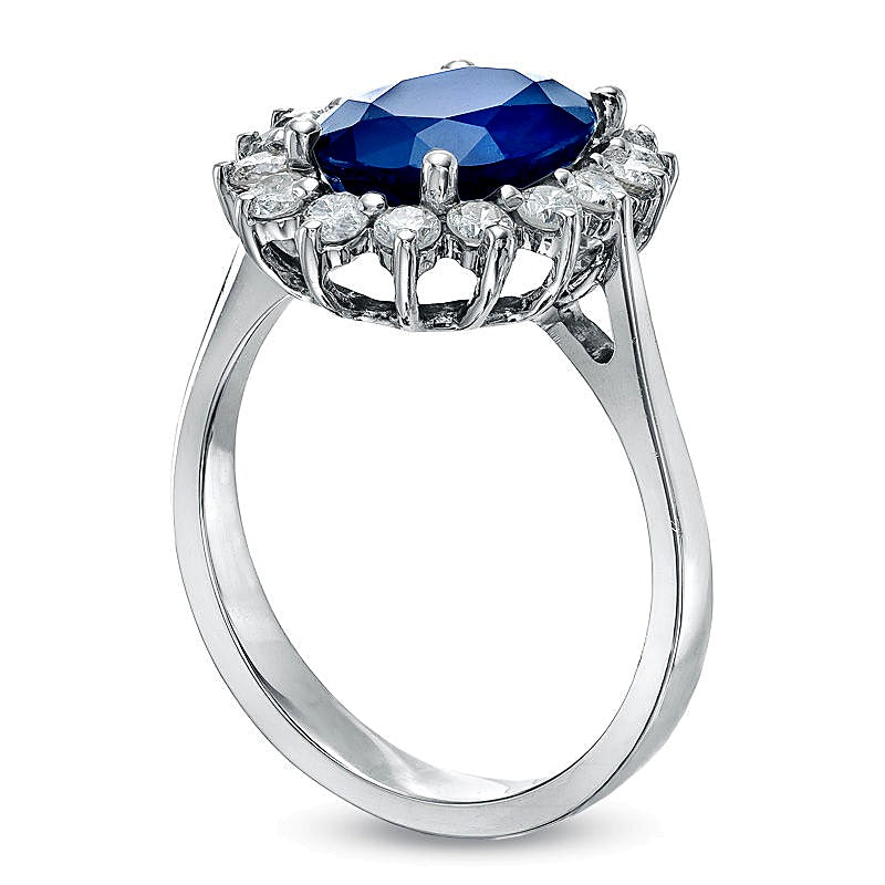 Halo-Ring mit ovalem blauem Saphir und Diamanten von 0,5 ct. Gesamtgewicht in 14K Weißgold