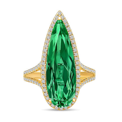 Fashion-Ring mit tropfenförmigem Labor-Smaragd und weißem Labor-Saphir in 14K Weißgold