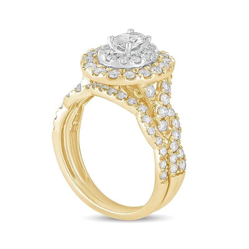 Braut-Set mit ovalem Diamant 1.5 ct. Gesamtgewicht, mehrreihig mit doppeltem Rahmen, in 10K Gelbgold