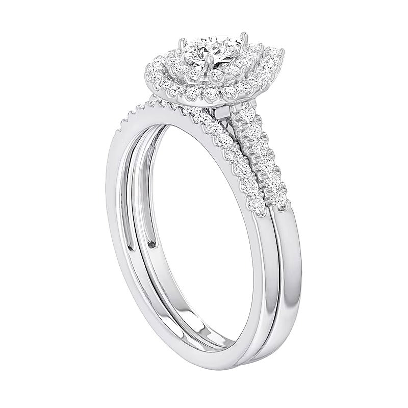 0.5 CT. Gesamtgewicht Braut-Set mit tropfenförmigem Diamant und doppeltem Rahmen aus rhodiniertem Sterlingsilber