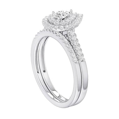 0.5 CT. Gesamtgewicht Braut-Set mit tropfenförmigem Diamant und doppeltem Rahmen aus rhodiniertem Sterlingsilber