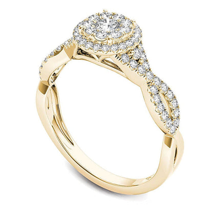 0,5 ct. Gesamtgewicht Diamant Verlobungsring mit doppeltem Halo in 14K Gelbgold