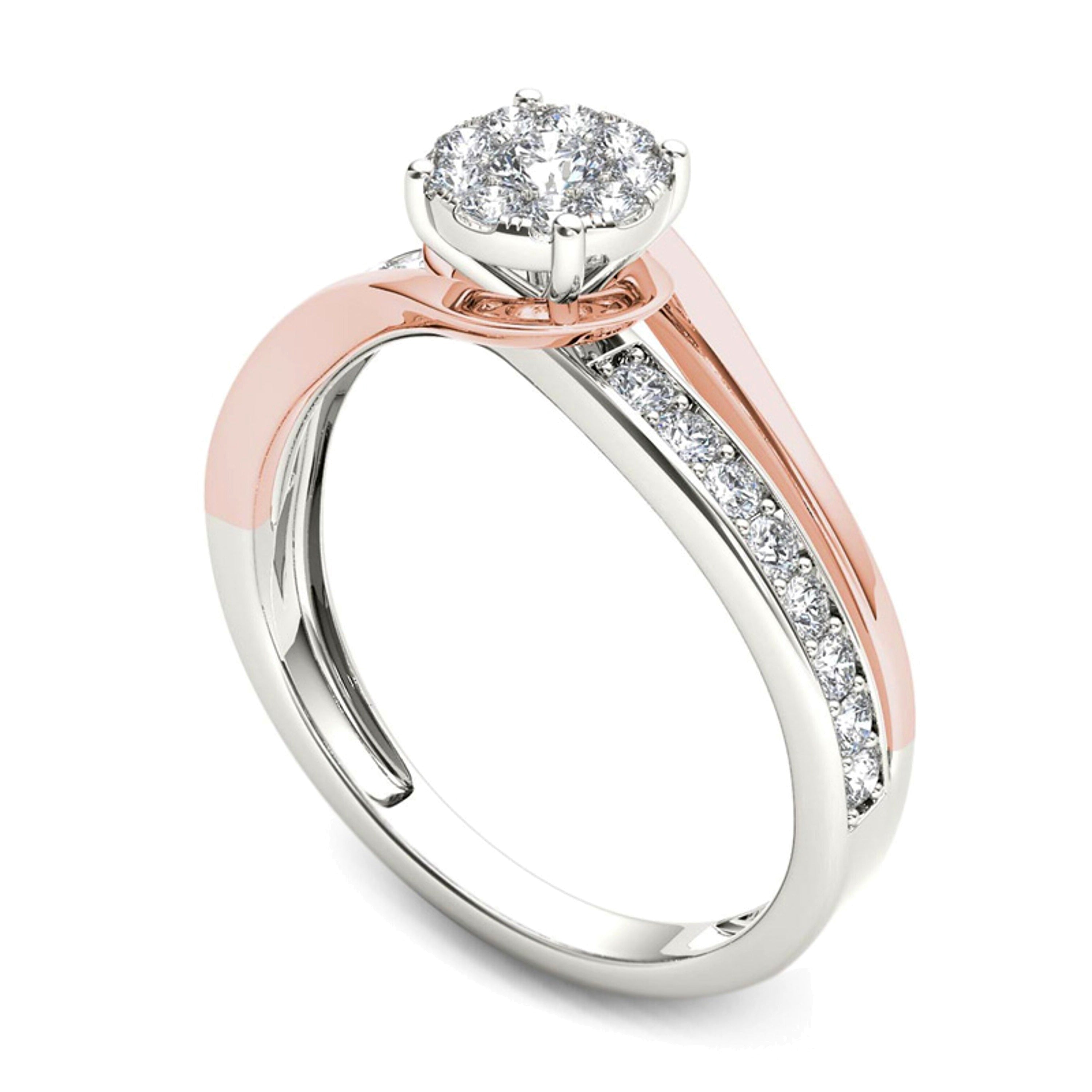 0.38 ct. Gesamtgewicht Diamant Halo Bypass Verlobungsring in 14K Bicolor Gold