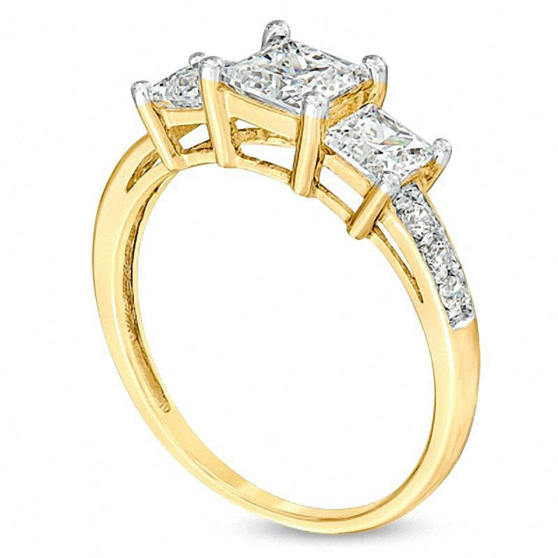 Dreistein-Ring mit weißem Saphir im Princess-Schliff, im Labor gezüchtet, in 10K Gelbgold