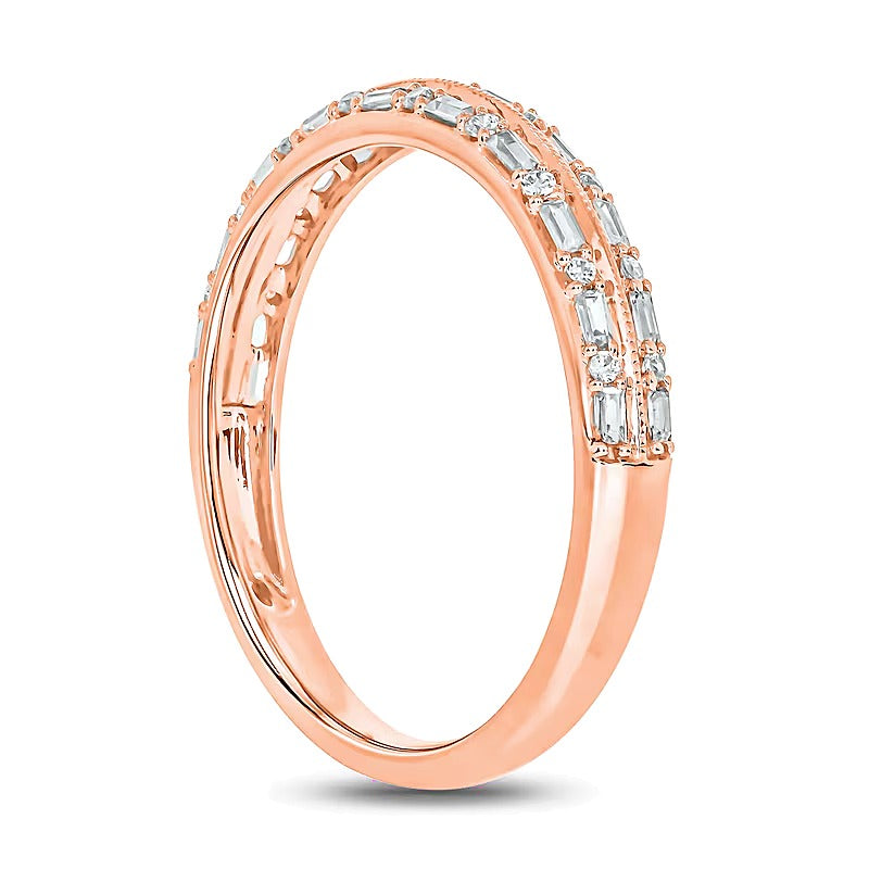 0.2 ct. Gesamtgewicht Ring mit Baguette- und runden Diamanten im Vintage-Stil, zweireihig, in 10K Roségold