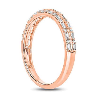 0.2 ct. Gesamtgewicht Ring mit Baguette- und runden Diamanten im Vintage-Stil, zweireihig, in 10K Roségold