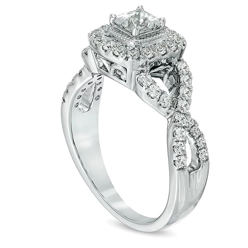 Verlobungsring mit Diamanten im Princess- und Rundschliff, Halo, 1.0 ct. Gesamtgewicht, in 14K Weißgold (I/SI2)
