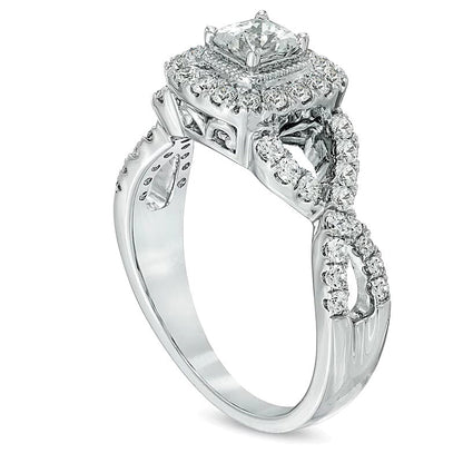 Verlobungsring mit Diamanten im Princess- und Rundschliff, Halo, 1.0 ct. Gesamtgewicht, in 14K Weißgold (I/SI2)