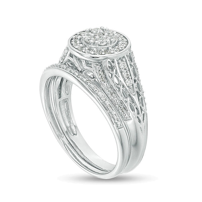 Braut-Set mit Komposit-Diamanten 0.5 ct. Gesamtgewicht, rund, Doppel-Rahmen mit Filigranarbeit, in rhodiniertem Sterlingsilber