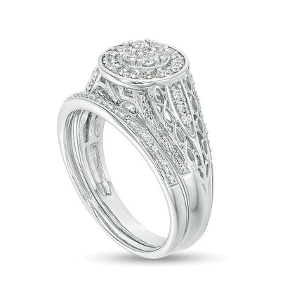 Braut-Set mit Komposit-Diamanten 0.5 ct. Gesamtgewicht, rund, Doppel-Rahmen mit Filigranarbeit, in rhodiniertem Sterlingsilber
