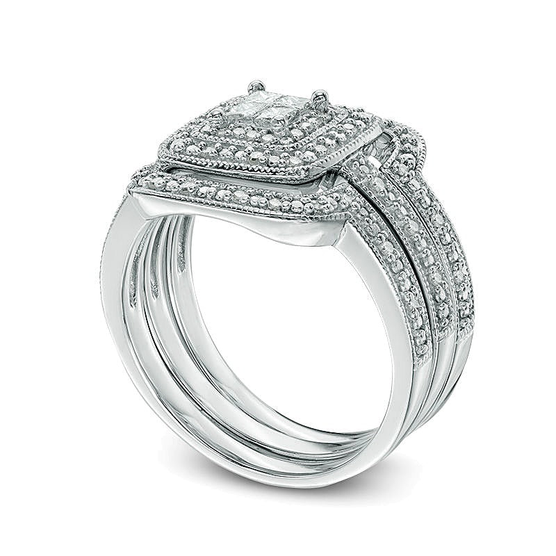 0.33 ct. Gesamtgewicht Brautset mit Princess-Diamanten im Vintage-Stil und mehrlagigem Rahmen aus rhodiniertem Sterlingsilber