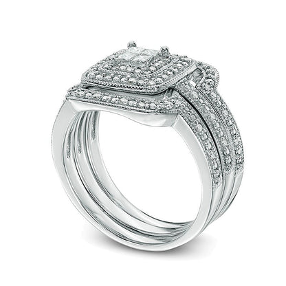0.33 ct. Gesamtgewicht Brautset mit Princess-Diamanten im Vintage-Stil und mehrlagigem Rahmen aus rhodiniertem Sterlingsilber
