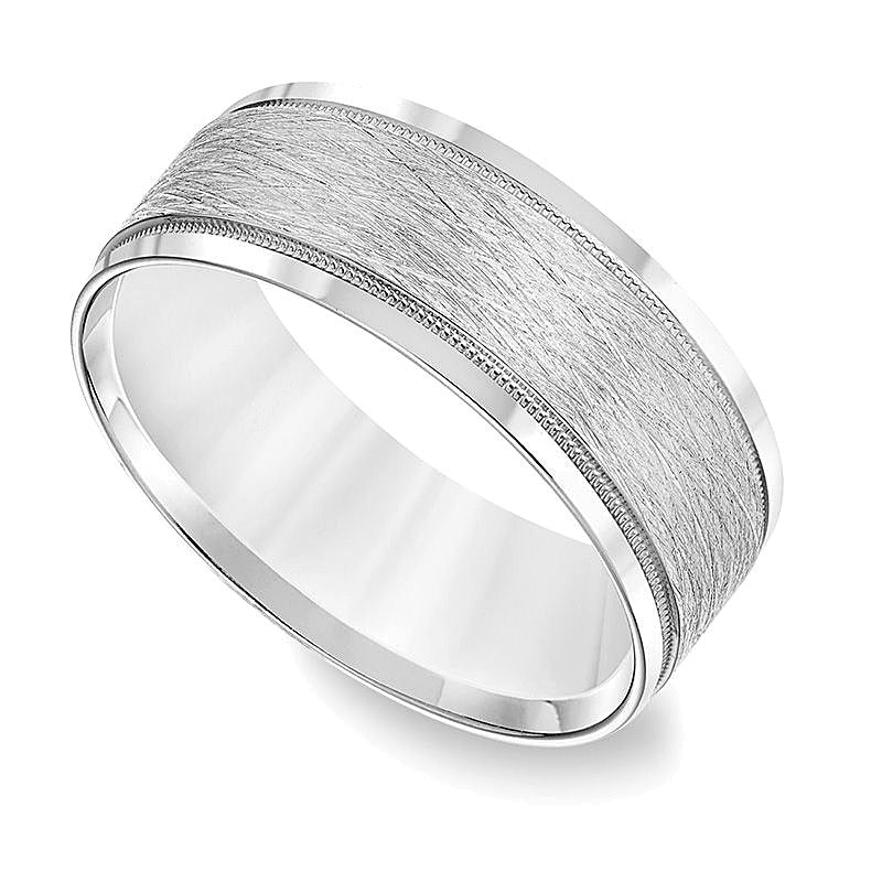 8,0mm Ehering mit Komfortschliff, gebürstetem Zentrum und Milgrain in 14K Weißgold