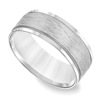 8,0mm Ehering mit Komfortschliff, gebürstetem Zentrum und Milgrain in 14K Weißgold