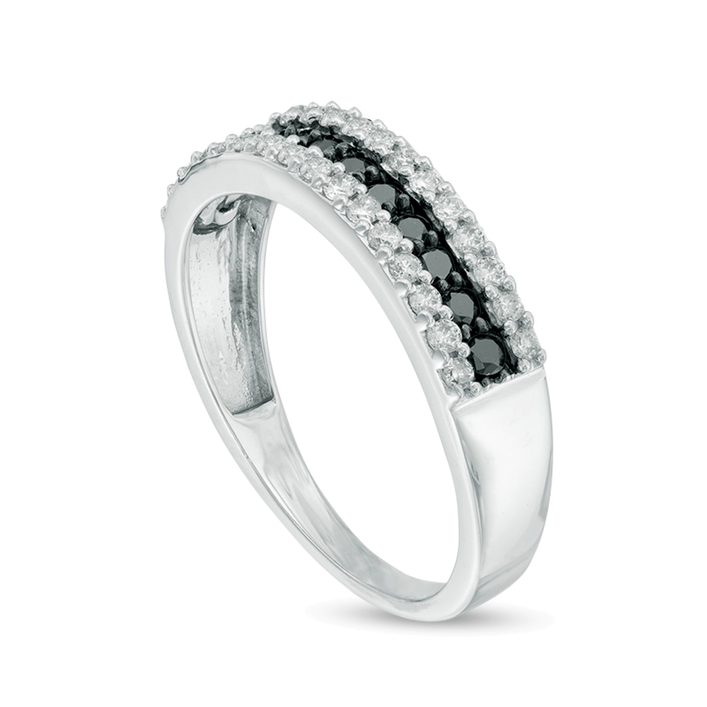 0.5 CT. Gesamtgewicht behandelter schwarzer und weißer Diamant Memoire-Ring dreireihig in 10K Weißgold