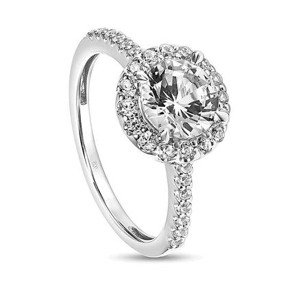 7,0mm weißer Labor-Saphir Halo-Verlobungsring in rhodiniertem Sterlingsilber