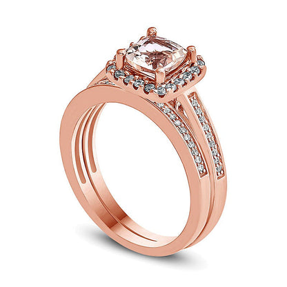 5,0mm Morganit im Kissenschliff und 0,2 ct. Gesamtgewicht Diamant Braut-Set in 10K Roségold