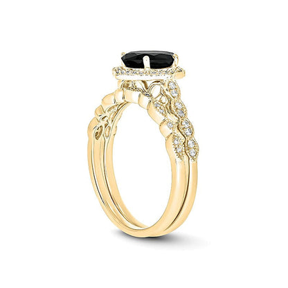 Braut-Set mit ovalem schwarzem Saphir und 0,2 ct. Gesamtgewicht Diamanten im Vierpass-Rahmen im Art-Déco-Vintage-Stil in 10K Gelbgold