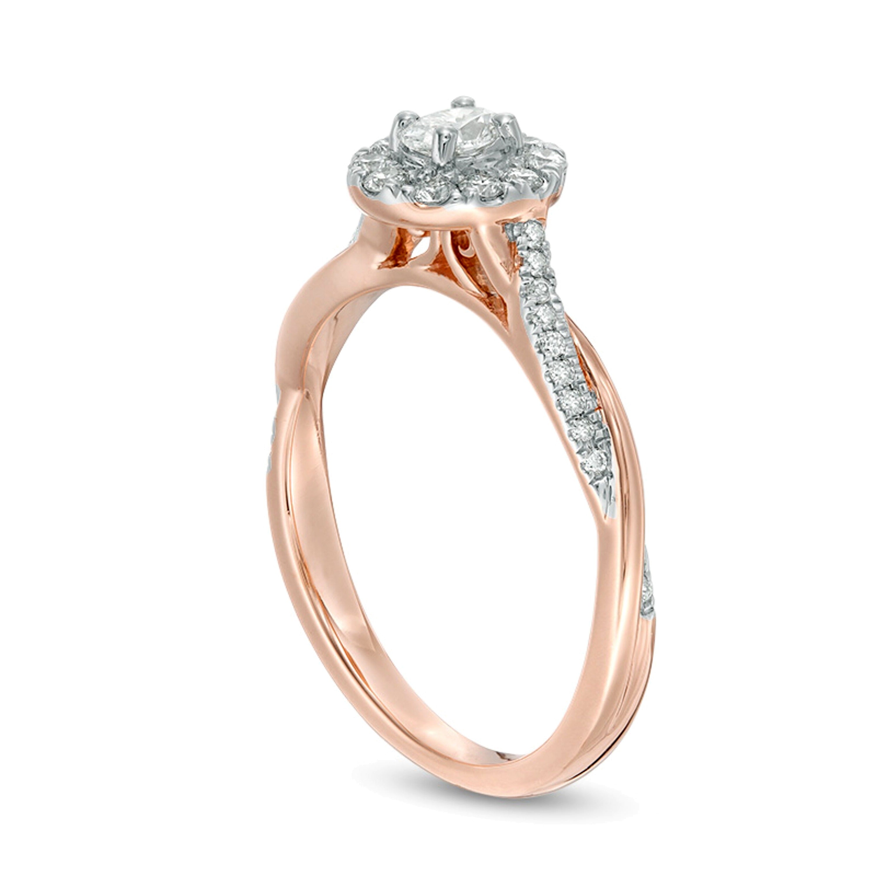 0.38 ct. Gesamtgewicht Verlobungsring mit ovalem Diamant, Halo und Twist-Design in 10K Roségold