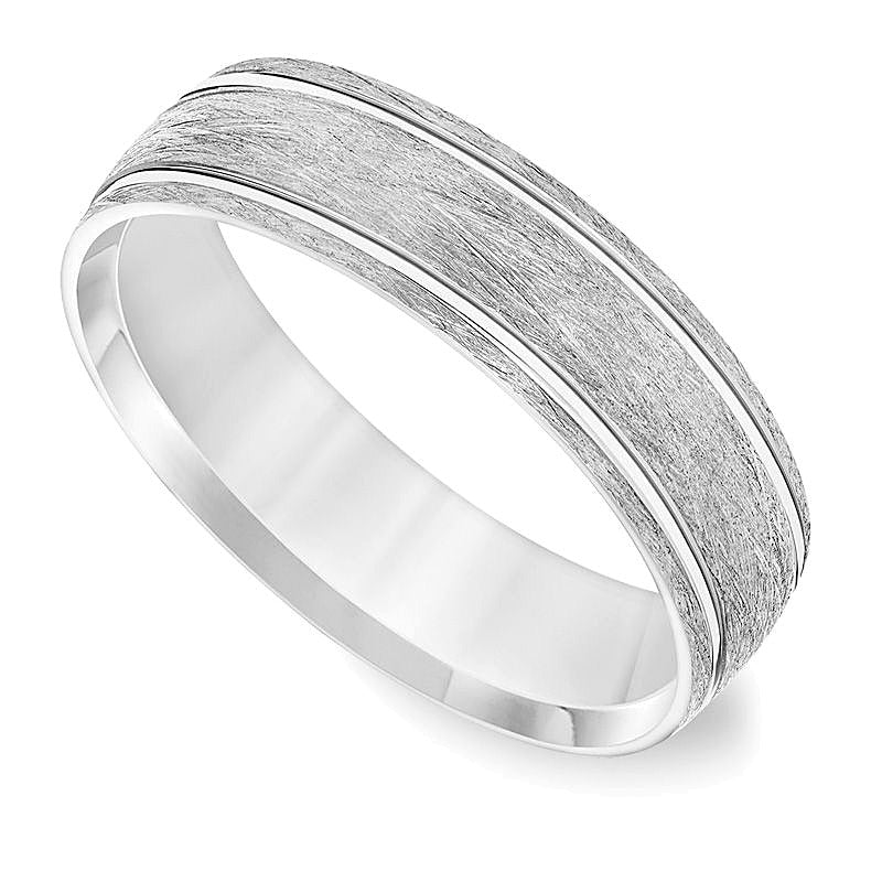 6,0mm Ehering mit Komfortschliff, gebürstet und drahttexturiert mit Rillen in 14K Weißgold