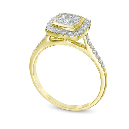 Verlobungsring mit mehreren Diamanten und Kissenschliff-Rahmen 0.5 ct. Gesamtgewicht aus 10K Gelbgold