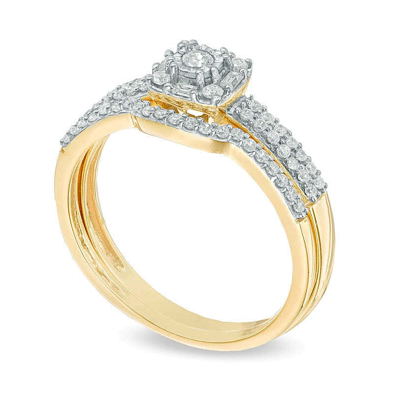 0.33 ct. Gesamtgewicht Diamant Brautset mit Kissenschliff-Rahmen und Doppelreihe in 10K Gelbgold