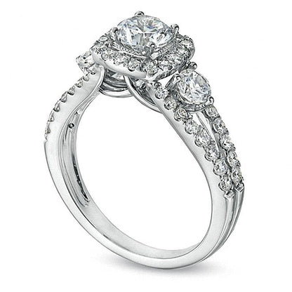 Dreistein-Verlobungsring mit runden weißen Diamanten in 14K Weißgold (I/I1)
