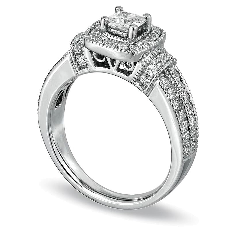 1.0 CT. Gesamtgewicht Diamant-Verlobungsring im Princess-Schliff mit Halo in 14K Weißgold