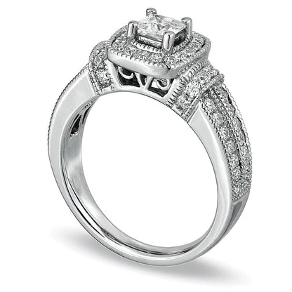 1.0 CT. Gesamtgewicht Diamant-Verlobungsring im Princess-Schliff mit Halo in 14K Weißgold