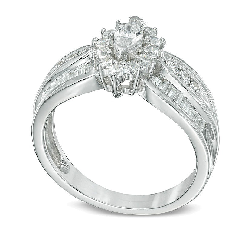 1.0 ct. Gesamtgewicht Verlobungsring mit Diamanten im Marquise-Schliff und Halo in 10K Weißgold