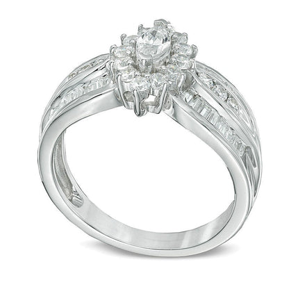 1.0 ct. Gesamtgewicht Verlobungsring mit Diamanten im Marquise-Schliff und Halo in 10K Weißgold