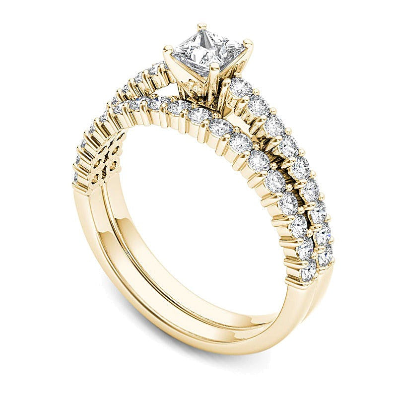 1.0 ct. Gesamtgewicht Braut-Set mit Diamanten im Princess- und Rundschliff in 14K Gelbgold