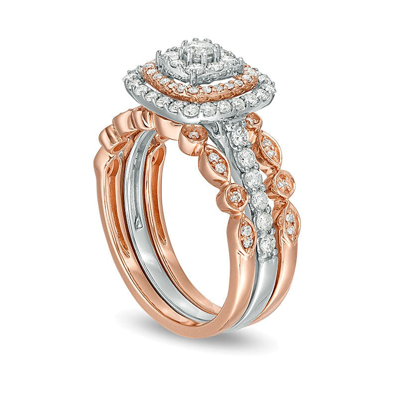 0.88 ct. Gesamtgewicht Komposit-Diamant Braut-Set im Art-déco-Vintage-Stil mit doppeltem Kissenschliff-Rahmen aus 14K Two-Tone Gold