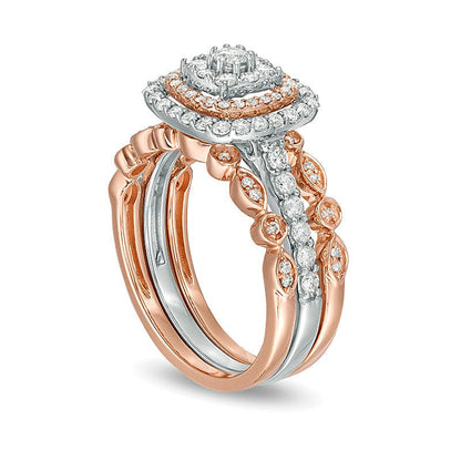0.88 ct. Gesamtgewicht Komposit-Diamant Braut-Set im Art-déco-Vintage-Stil mit doppeltem Kissenschliff-Rahmen aus 14K Two-Tone Gold