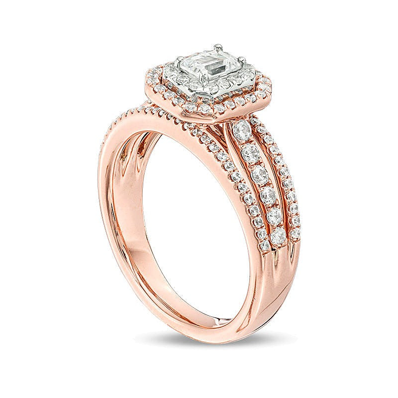 1.0 CT. Gesamtgewicht Verlobungsring mit Diamant im Smaragdschliff, Halo, mehrreihig, in 14K Gold zweifarbig (I/SI2)