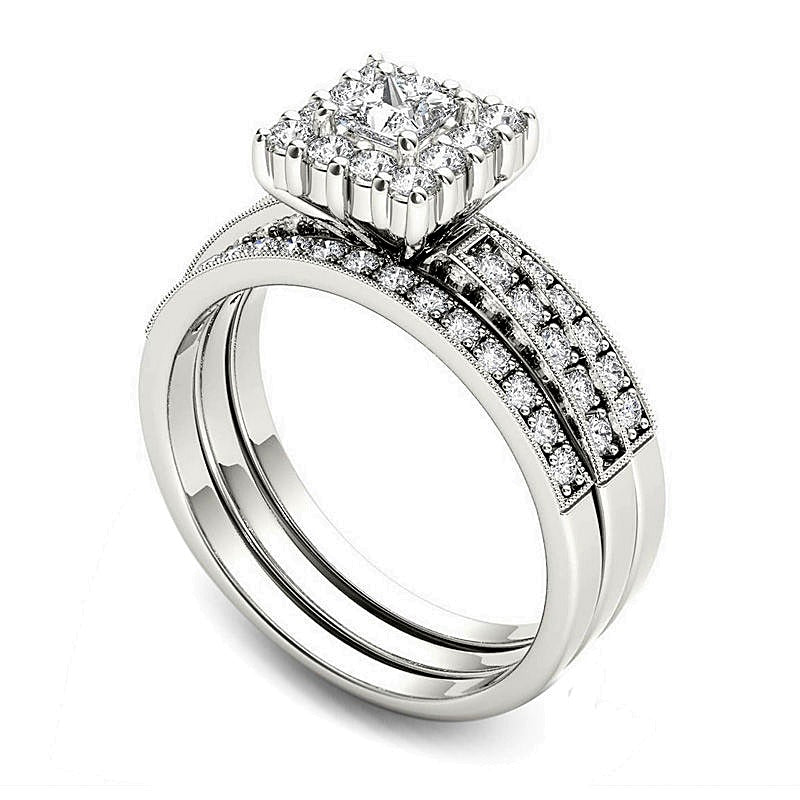 0,88 ct. Gesamtgewicht Brautset mit Diamanten im Princess- und Rundschliff in 14K Weißgold