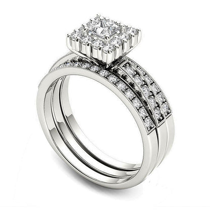 0,88 ct. Gesamtgewicht Brautset mit Diamanten im Princess- und Rundschliff in 14K Weißgold