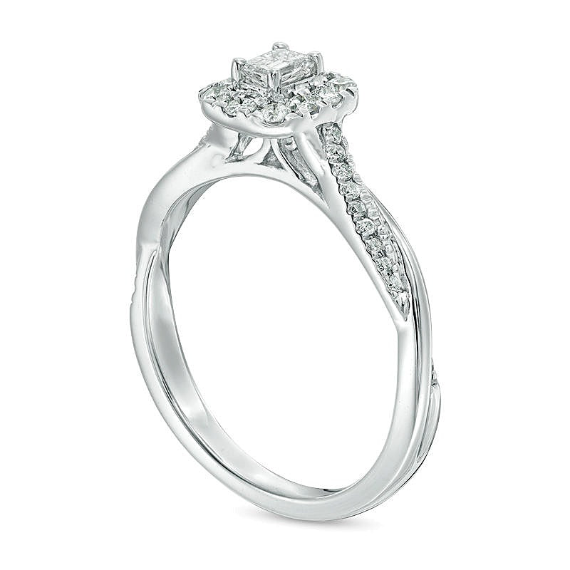 0,38 ct. Gesamtgewicht Verlobungsring mit Diamanten im Smaragdschliff und Halo-Twist-Design in 10K Weißgold