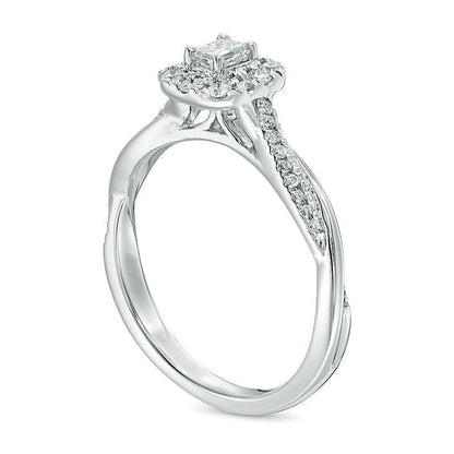 0,38 ct. Gesamtgewicht Verlobungsring mit Diamanten im Smaragdschliff und Halo-Twist-Design in 10K Weißgold