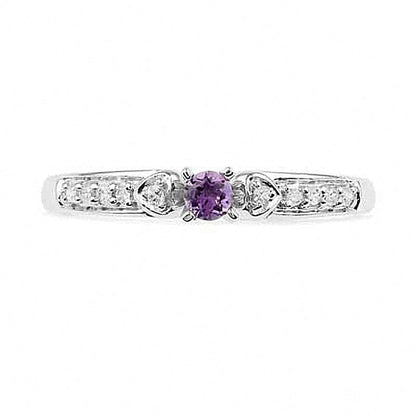 Freundschaftsring für Damen mit Amethyst und Diamant-Besatz, herzförmige Seiten, in 10K Weißgold