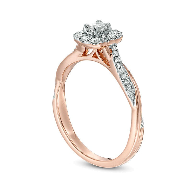 0.38 ct. Gesamtgewicht Verlobungsring mit Diamanten im Smaragdschliff und Halo, gedrehter Ringschiene, in 10K Roségold