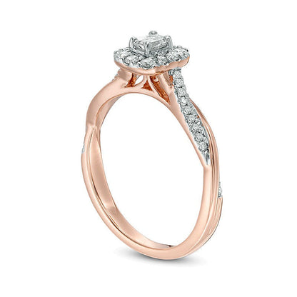 0.38 ct. Gesamtgewicht Verlobungsring mit Diamanten im Smaragdschliff und Halo, gedrehter Ringschiene, in 10K Roségold