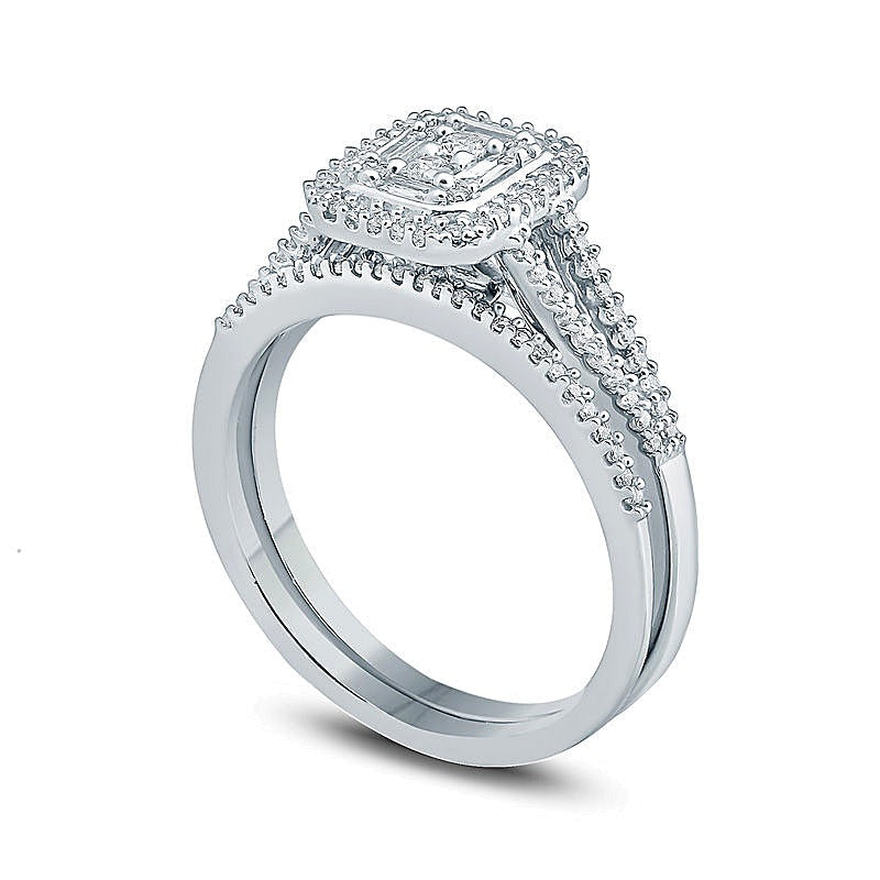 Braut-Set Verlobungsring mit Komposit-Diamanten im Rechteck-Rahmen 0,38 ct. Gesamtgewicht in 10K Weißgold